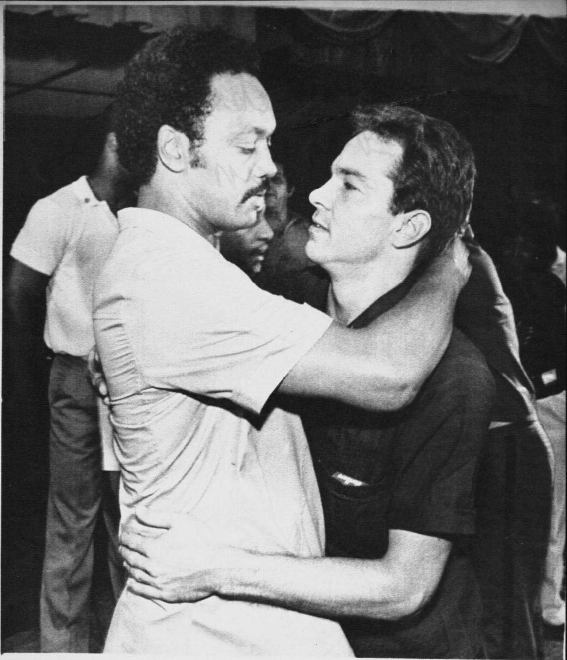 In 1984 in Havana, the Rev Jesse Jackson is embraced by Jerry Jacoby of Miami when the Democratic presidential candidate met with 22 imprisoned Americans.