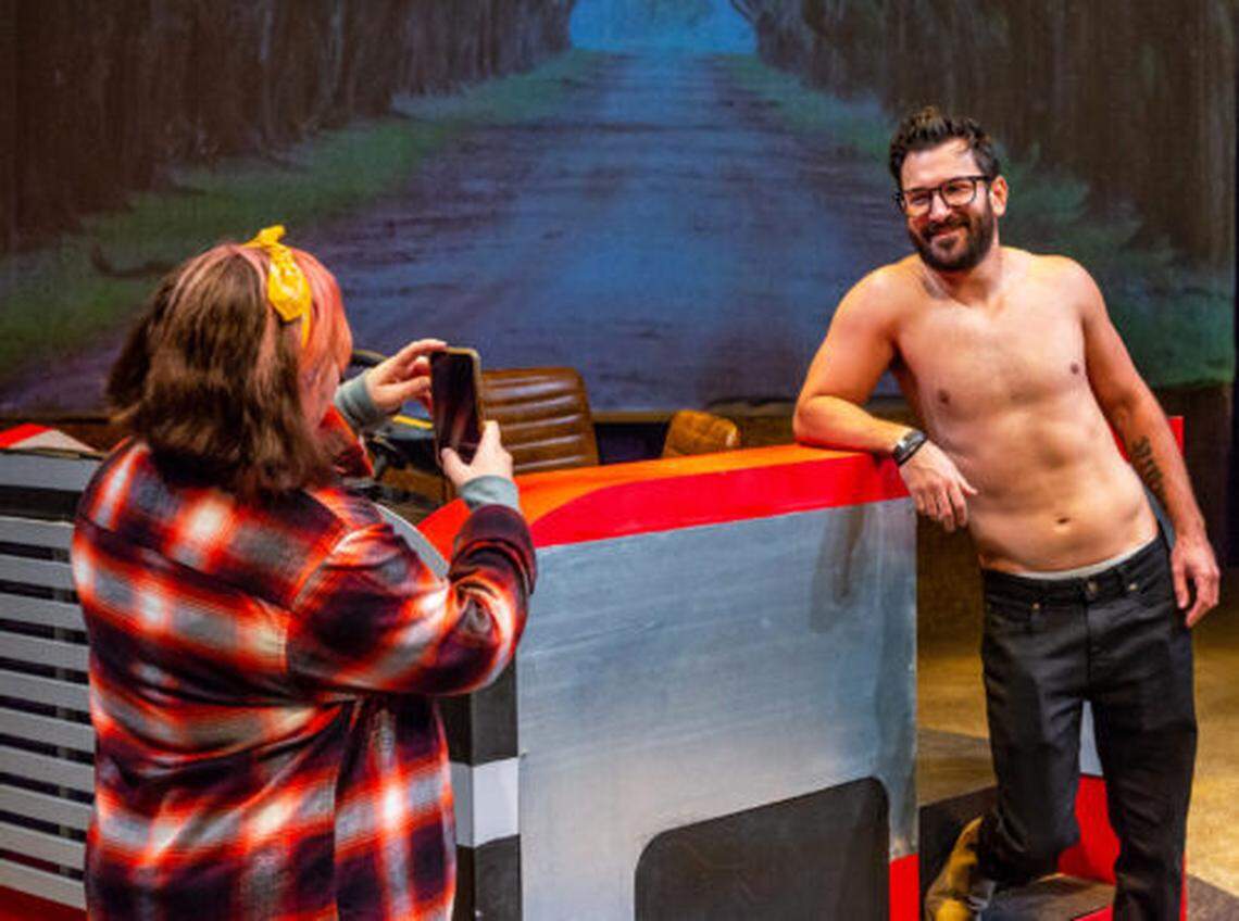 Melissa Almaguer turns Chris Anthony Ferrer into click bait in the Zoetic Stage world premiere of Vanessa Garcia’s “#Graced.”