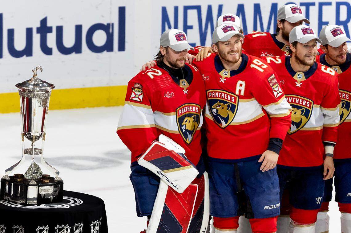 Florida Panthers left wing Matthew Tkachuk (19), defenseman Brandon Montour (62), goaltender Sergei Bobrovsky (72), center Evan Rodrigues (17) pose with the Prince of Wales trophy after defeating the New York Rangers in Game 6 of the Eastern Conference finals of the NHL hockey Stanley Cup playoffs at the Amerant Bank Arena on Saturday, June 1, 2024, in Sunrise, Fla.