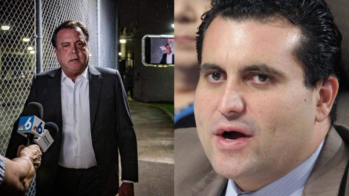 Left: A defiant Miami City Commissioner Alex Díaz De La Portilla speaks to reporters after he was let out of TGK detention center following his arrest on Sept. 14, 2023. Right: Renier Díaz de la Portilla in a Miami Herald file photo.