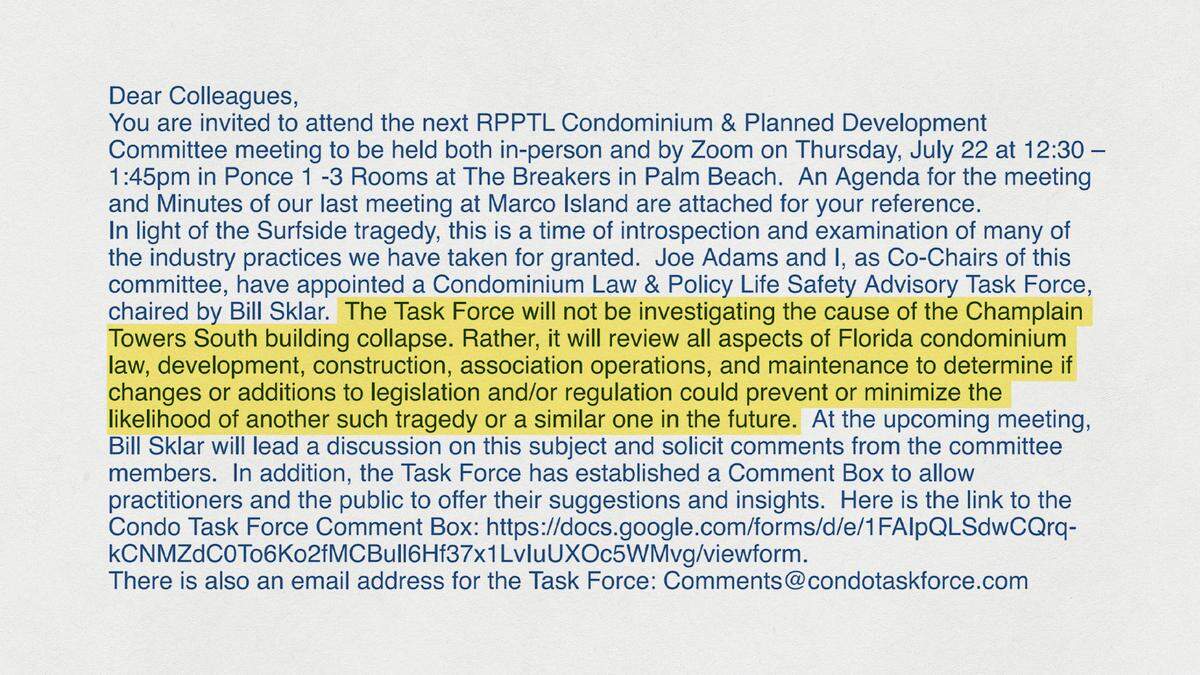 Attorney Margaret Rolando announces on July 18, 2021, the creation of a task force following the partial collapse of the Champlain Towers South, with lawyer Bill Sklar as chair.