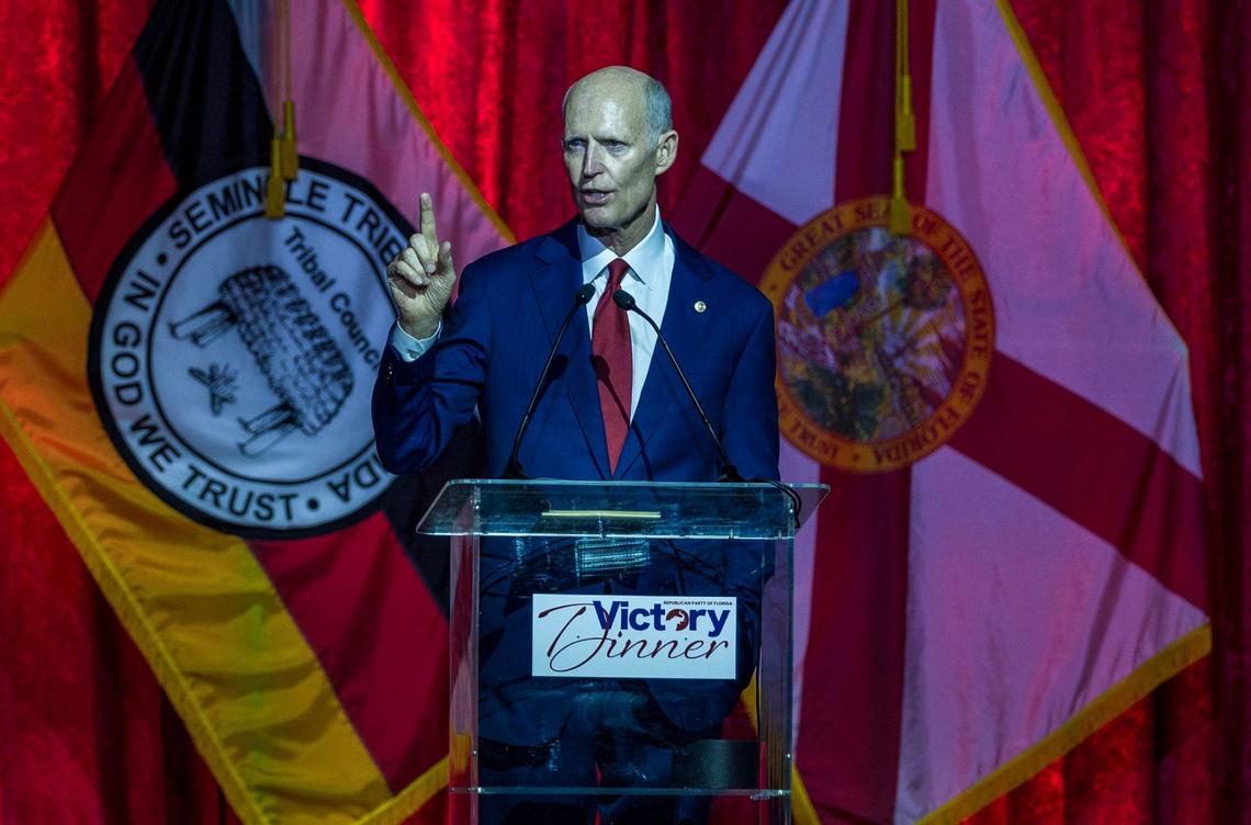 Florida U.S. Senator Rick Scott speaks during the Republican Party of Florida’s 2024 Victory Dinner, at the Seminole Hard Rock Hotel & Casino in Hollywood, Florida on Saturday, September 07, 2024.