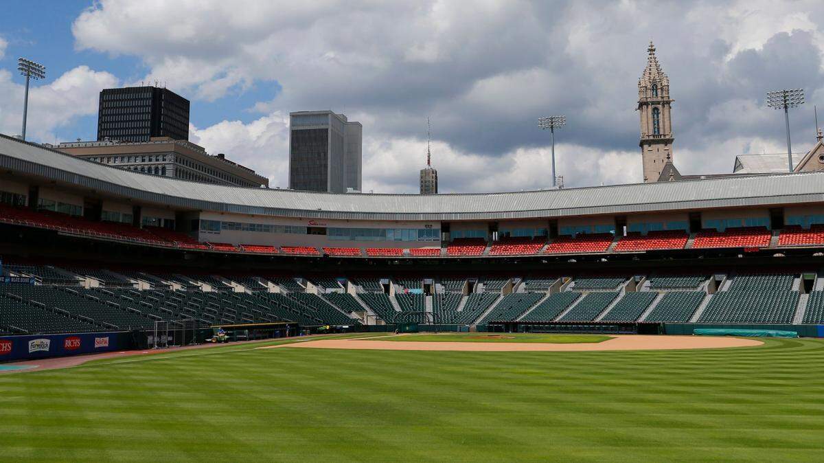 FILE - In this July 24, 2020, file photo, Sahlen Field, home of the Toronto Blue Jays’ Triple-A affiliate, in Buffalo, N.Y., is viewed. The Blue Jays will walk onto the field Tuesday, Aug. 11, 2020, as the host team for the first time in 2020. (AP Photo/Jeffrey T. Barnes, File)