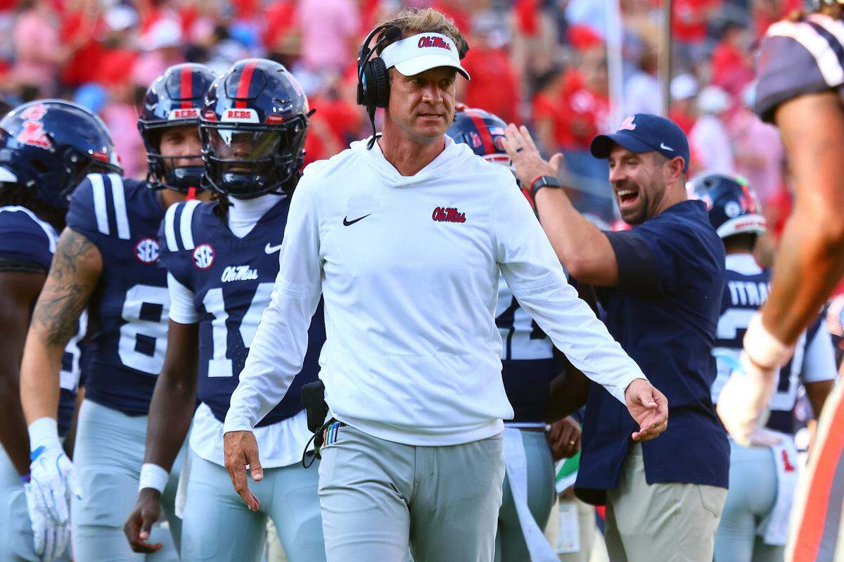 Sep 20, 2025; Oxford, Mississippi, USA; Mississippi Rebels head coach Lane Kiffin looks on during the fourth quarter against the Tulane Green Wave at Vaught-Hemingway Stadium. Mandatory Credit: Petre Thomas-Imagn Images