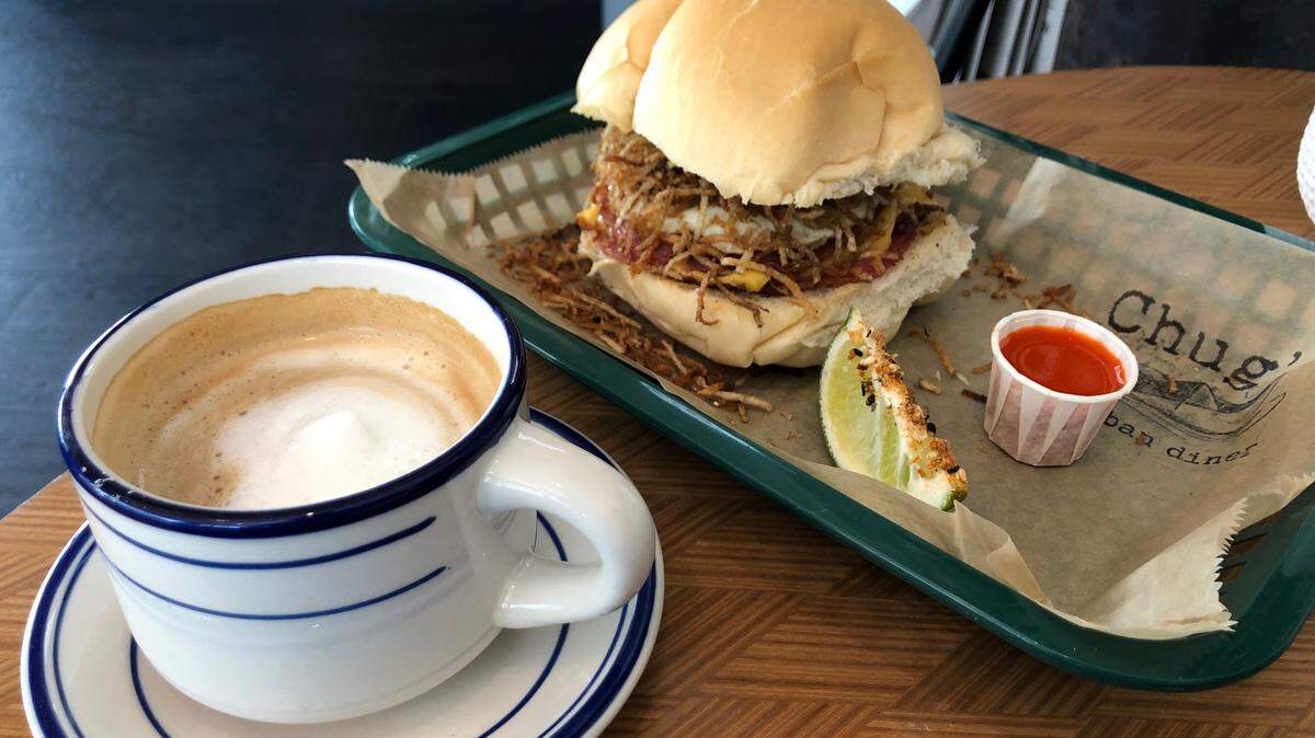 The breakfast sandwich (Taylor Ham, runny egg, cheese, crispy potato strings) at Chug’s diner in Coconut Grove.