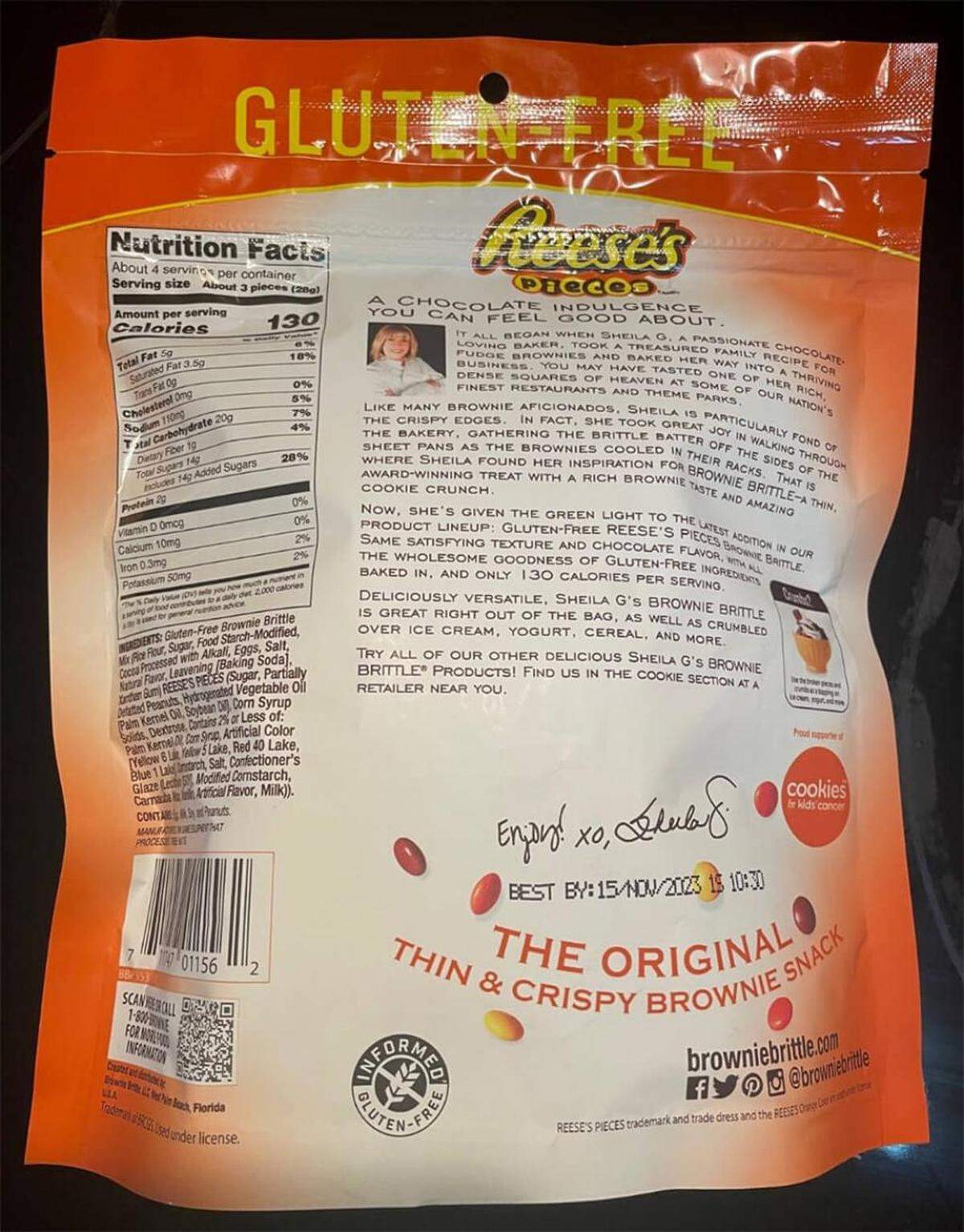 The recalled Gluten-Free Reese’s Pieces Brownie Brittle comes in a 4-ounce pouch with UPC 711747011562 and lot codes&nbsp;SG 1054 15/NOV/2023 1S and SG 1054 15/NOV/2023 2S on the backside of the pouch.