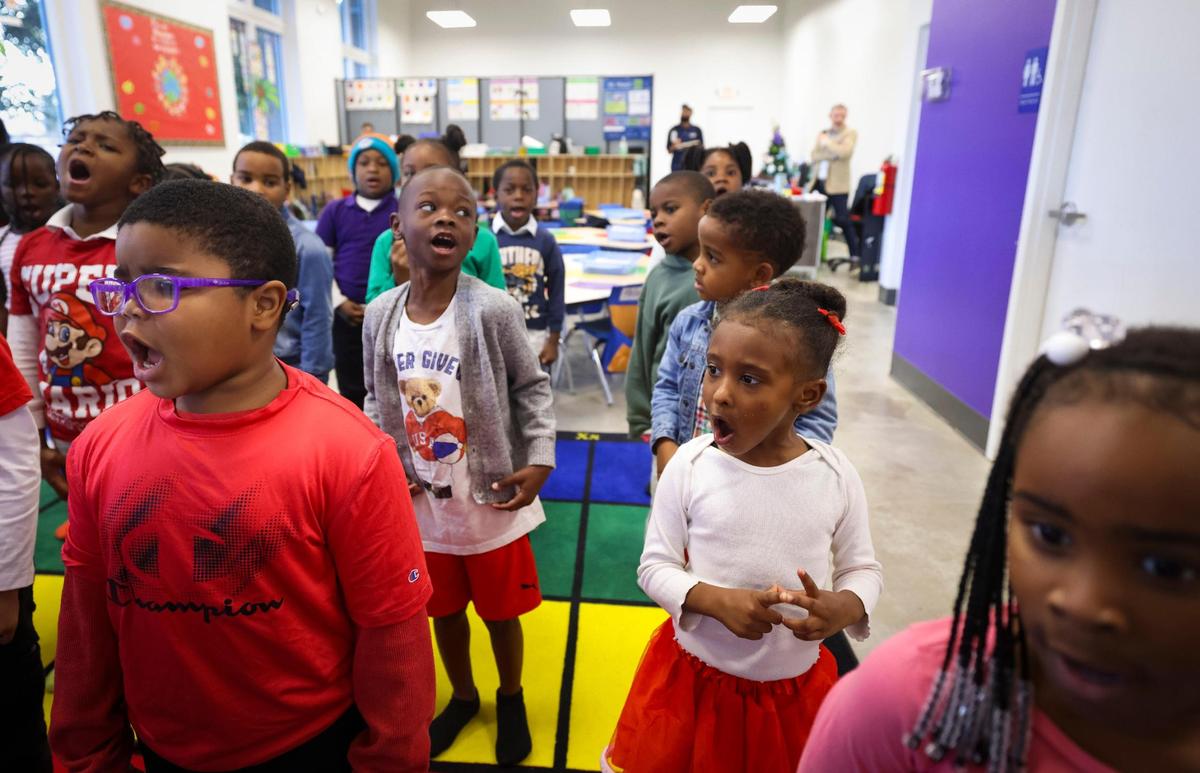 Kindergarten through second graders do a learning exercise in Apryl Shackelford’s classroom during the school day on Thursday, Dec. 5, 2024, at Primer microschool in Liberty City.