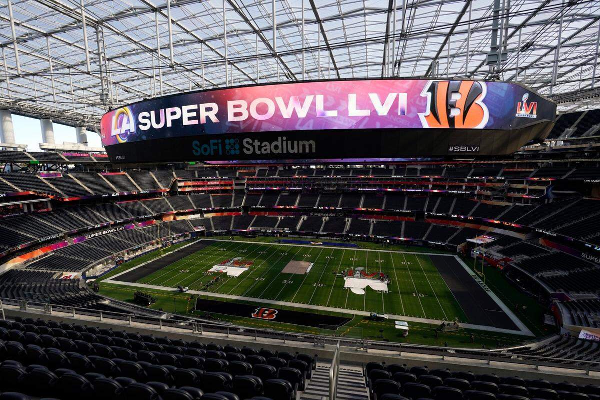 The interior of SoFi Stadium is seen days before the Super Bowl NFL football game Tuesday, Feb. 8, 2022, in Inglewood, Calif. The Los Angeles Rams are scheduled to play the Cincinnati Bengals in the Super Bowl on Sunday, Feb. 13. (AP Photo/Marcio Jose Sanchez)