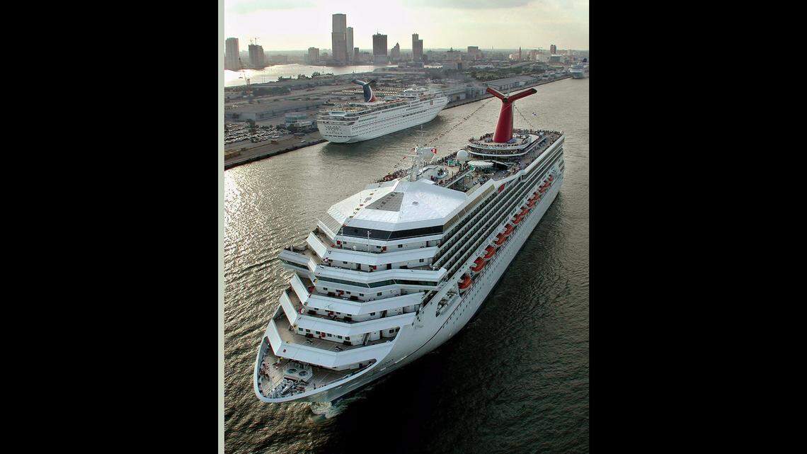 Carnival Victory on an early voyage in 2000 with a much more sparse downtown Miami skyline in the background.