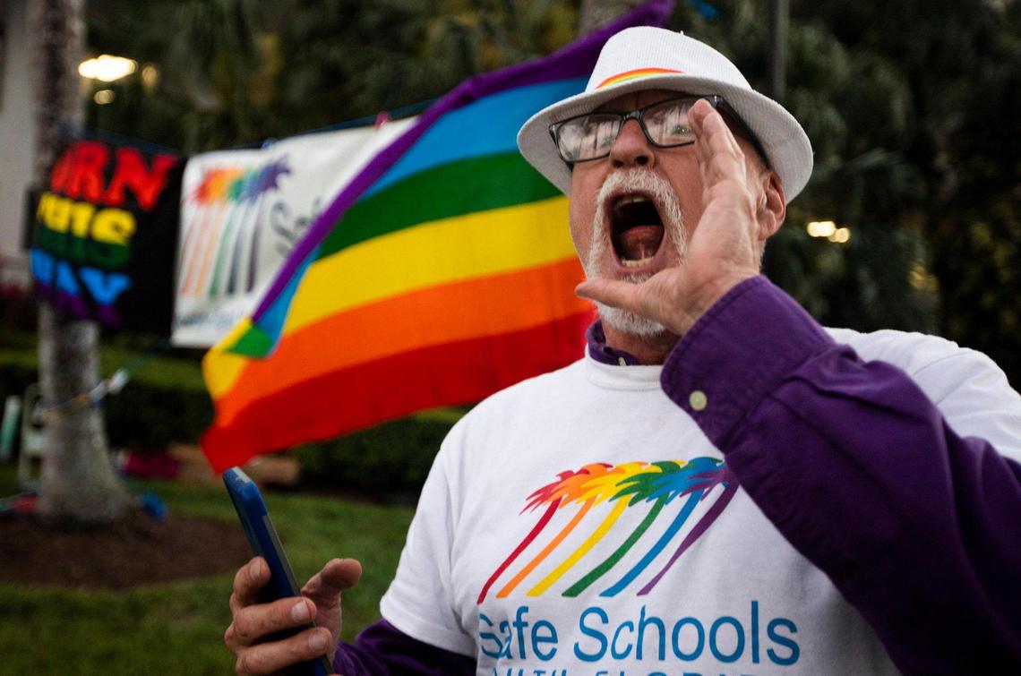 Tom Lander rallies other protesters at the Safe Schools South Florida rally against the ‘Don’t Say Gay’ bill at Pride Park in Miami Beach on March 1, 2022.