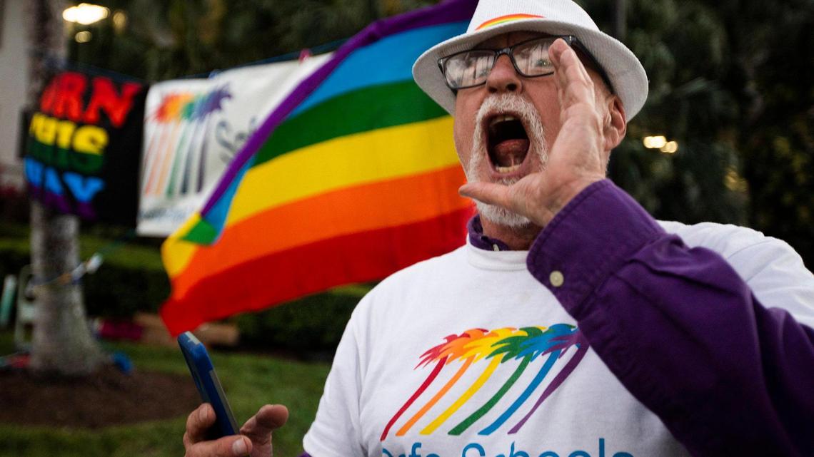 Tom Lander call rally attendants at Safe Schools South Florida is hosting a rally against ‘Don’t Say Gay’ at Pride Park., Miami Beach on Monday 1st., 2022.