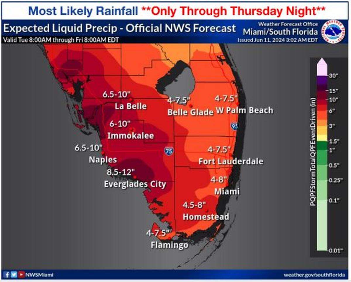 Miami could see 4 to 8 inches of rain through Thursday as a tropical disturbance crosses the state.