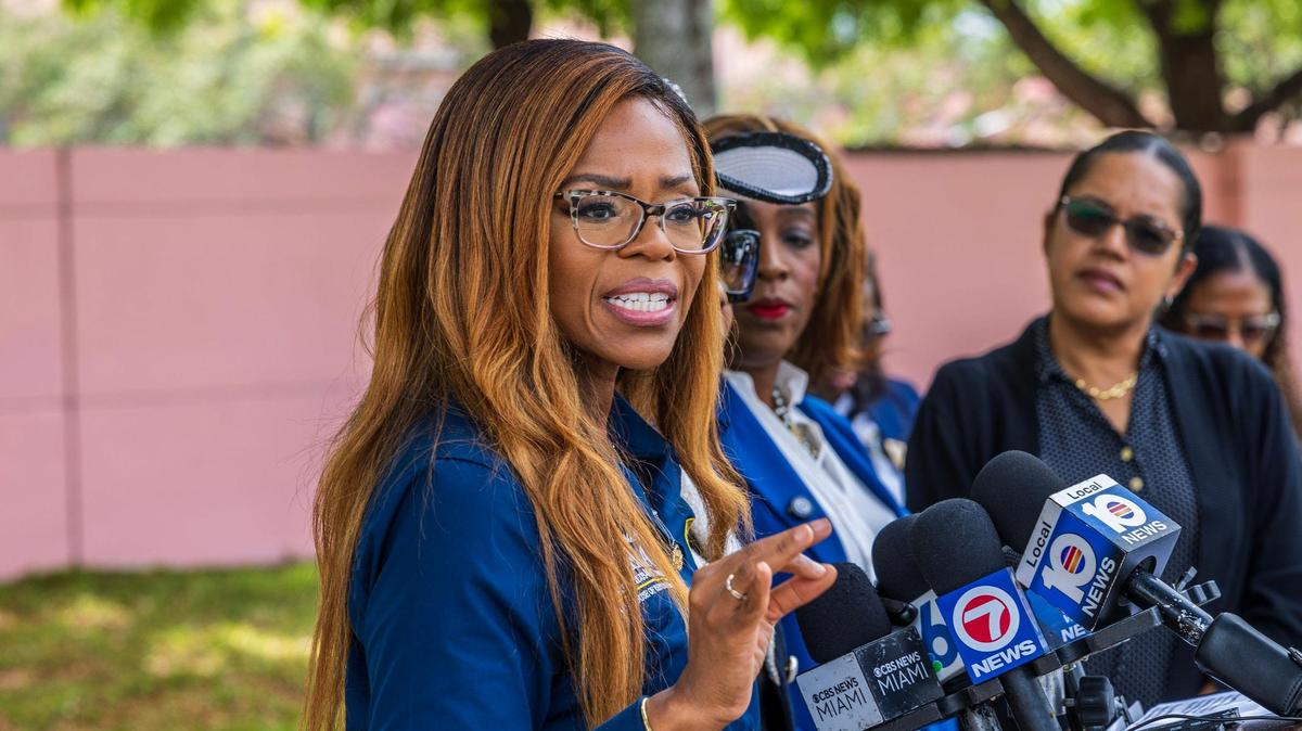 From left-Congresswomen Sheila Cherfilus-McCormick and Frederica Wilson, talked to the press after visiting the I.C.E. Broward Transitional Center Following Death of Haitian Woman Detainee, in Pompano Beach, on Friday May 02, 2025.