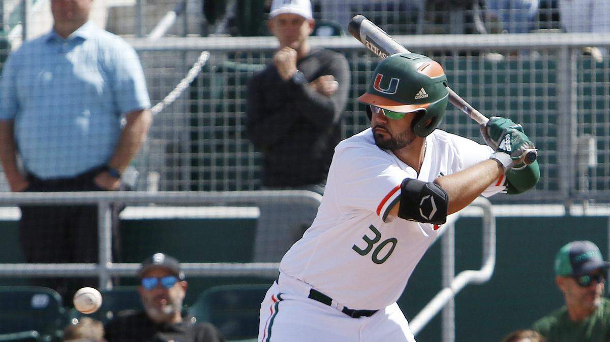 UM Hurricanes Alex Toral (30) bats against University of Florida Gators during the final game of a three-game series against the University of Florida Gators on Sunday, February 23, 2020 at Alex Rodriguez Park at Mark Light Field in Coral Gables
