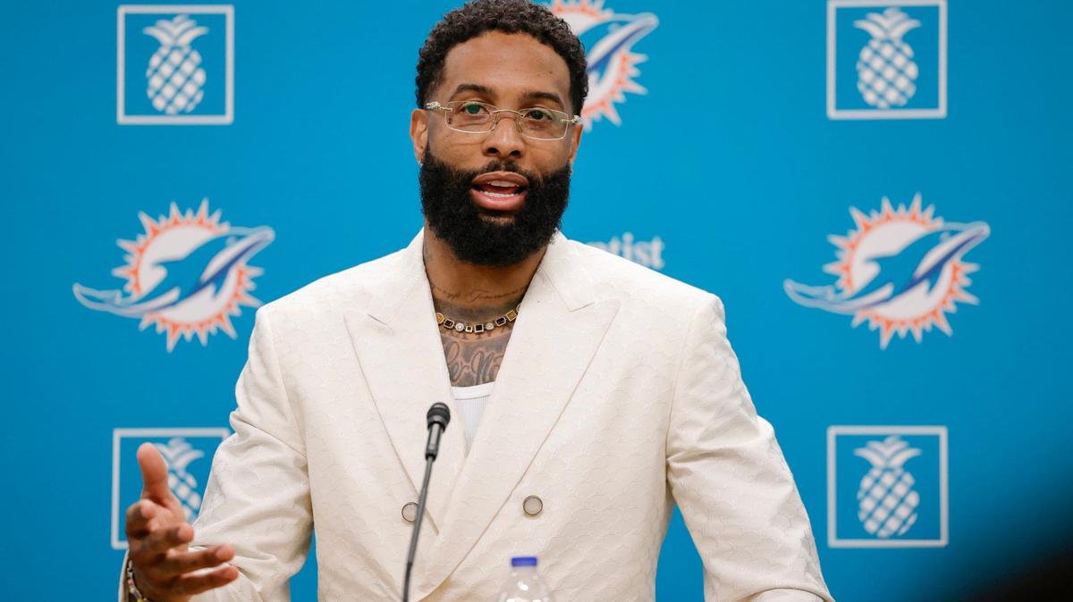 Odell Beckham Jr. speaks to the media after being introduced as an official member of the Miami Dolphins during a press conference at the Baptist Health Training Complex in Miami Gardens, Florida on Wednesday, May 15, 2024.