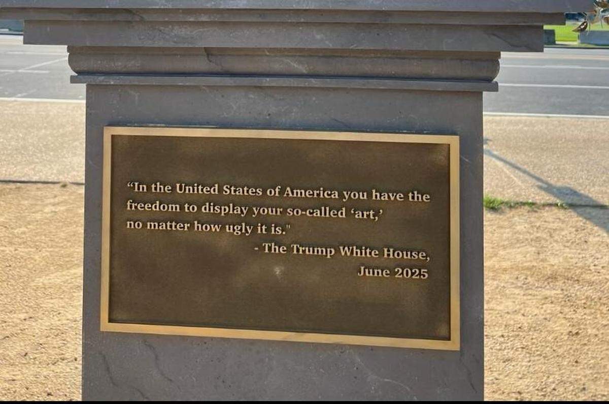 The plaque on the new display references a White House quote responding to the first sculpture.