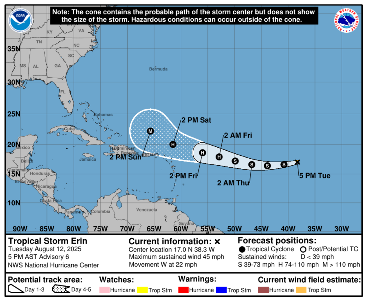 There we no major new shifts in the Tuesday afternoon forecast track for Tropical Storm Erin.
