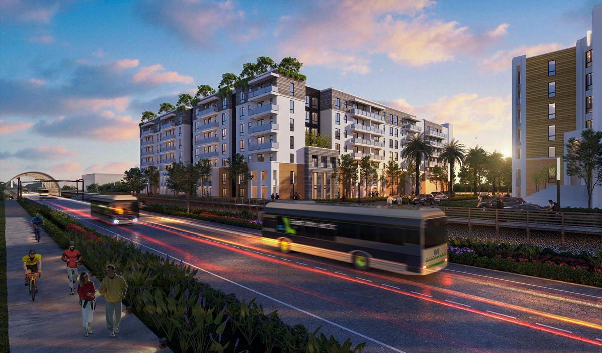 Representación del proyecto propuesto para 19500 S. Dixie Hwy. en Cutler Bay. El proyecto de 760 unidades, de A&E Partners Holding, incluiría viviendas para personas mayores, viviendas a precio de mercado y viviendas para trabajadores.