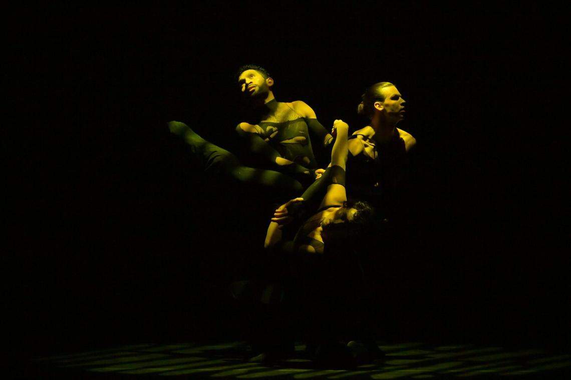 Dancers Anthony Velázquez, David Harris, and Ralphie Ruiz, of AV Dance Company, in “Triad” by Anthony Velázquez.