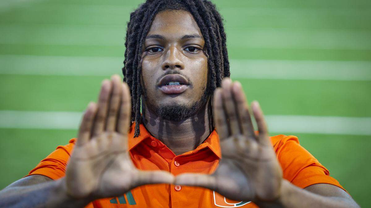 Miami Hurricanes linebacker Kamal Bonner speaks to reporters during Media Day at the Carol Soffer Indoor Practice Facility in Coral Gables, Florida, on Wednesday, July 30, 2025.