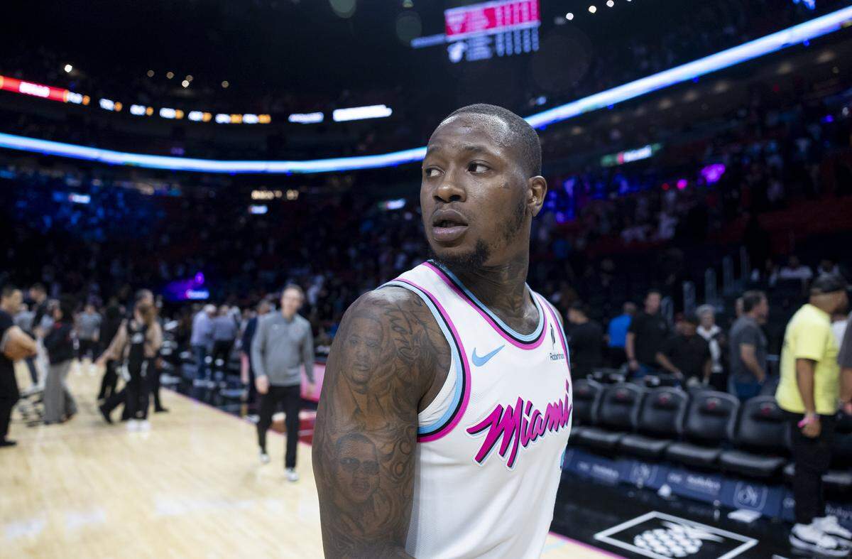 Miami Heat guard Terry Rozier (2) walks back to the locker room after losing to the Chicago Bulls in the second half of their NBA game at the Kaseya Center on Saturday, March 8, 2025, in downtown Miami, Fla.