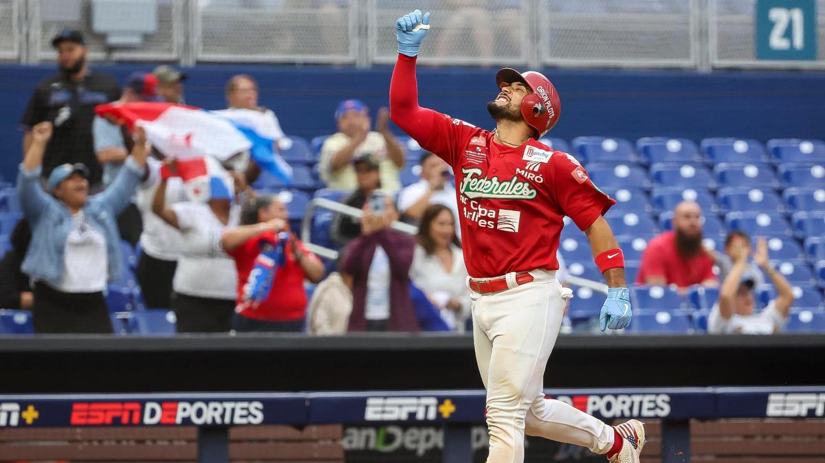 Panama catcher Ivan Aaron Herrera (10) reacts as he runs the bases after hitting a home run against Curacao in the seventh inning of their Caribbean Series baseball game on Friday, Feb. 9, 2024, in Miami, Fla.