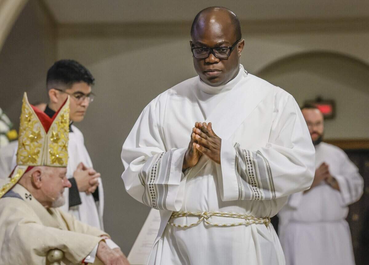 The Reverend Saint-Clos Papouloute of Haiti, is ordained to the Catholic priesthood for the Archdiocese of Miami during a Mass with Archbishop Thomas Wenski at Cathedral of St. Mary in Miami, Florida, on Saturday, May 9, 2026.