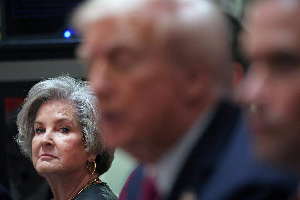 White House Chief of Staff Susie Wiles looks on as President Donald Trump meets with unseen Ukrainian President Volodymyr Zelensky in the Cabinet Room of the White House in Washington on Oct. 17, 2025. 