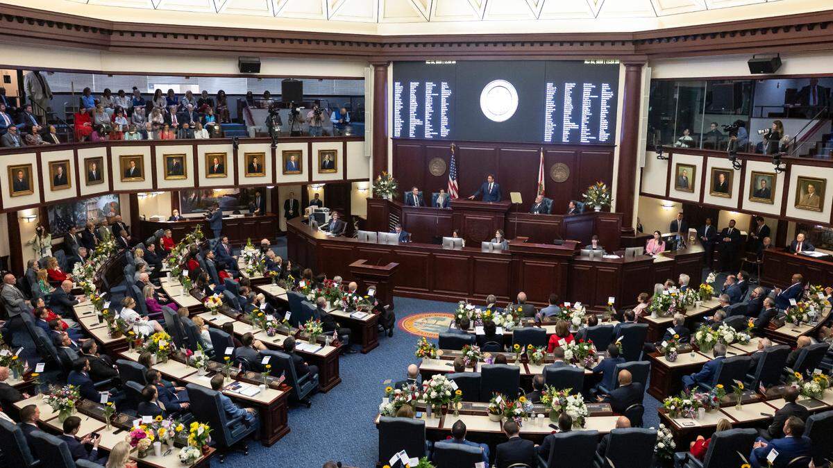 Florida Governor Ron DeSantis delivers his State of the State address during the first day of the legislative session at the Florida State Capitol on Tuesday, March 4, 2025, in Tallahassee, Fla.
