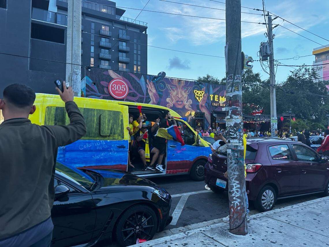 Colombia fans ride through the streets of Wynwood on Sunday, July 14, 2024.