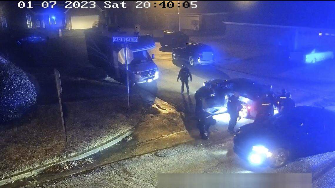 In this image from video released and partially redacted by the city of Memphis, Tenn., on Jan. 27, 2023, Tyre Nichols leans against a car after a brutal attack by five Memphis Police officers on Jan. 7, in Memphis.