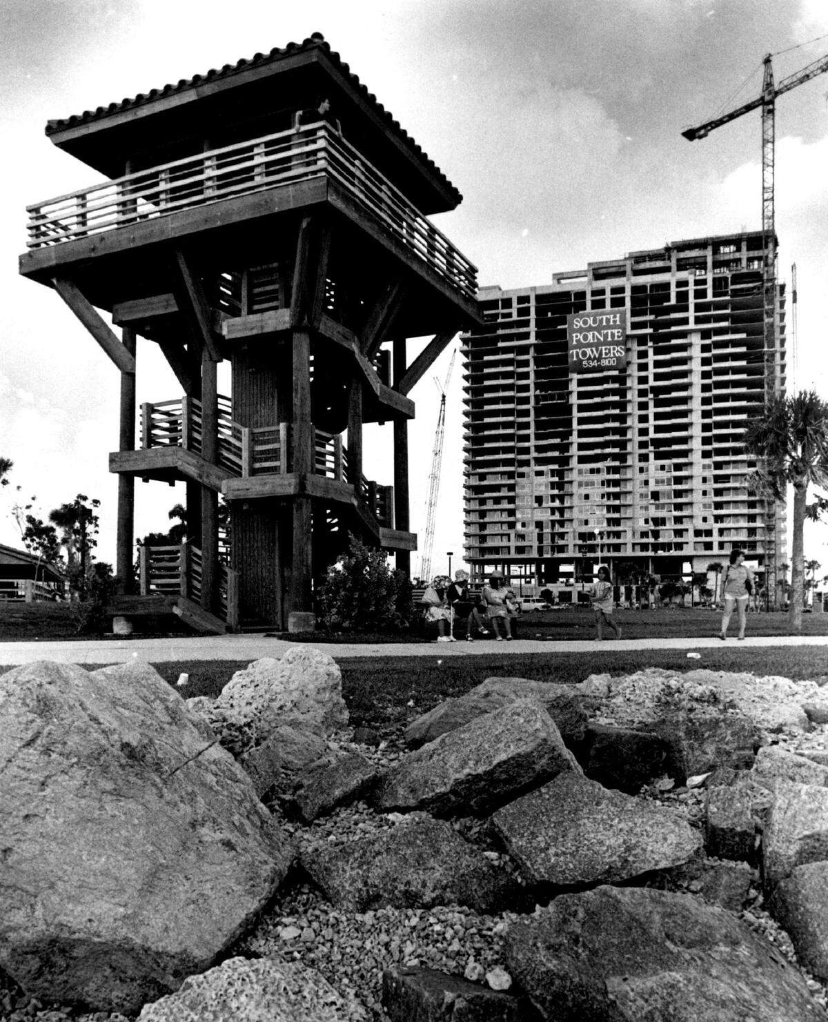 In 1986, South Pointe Towers rises near South Pointe Park.