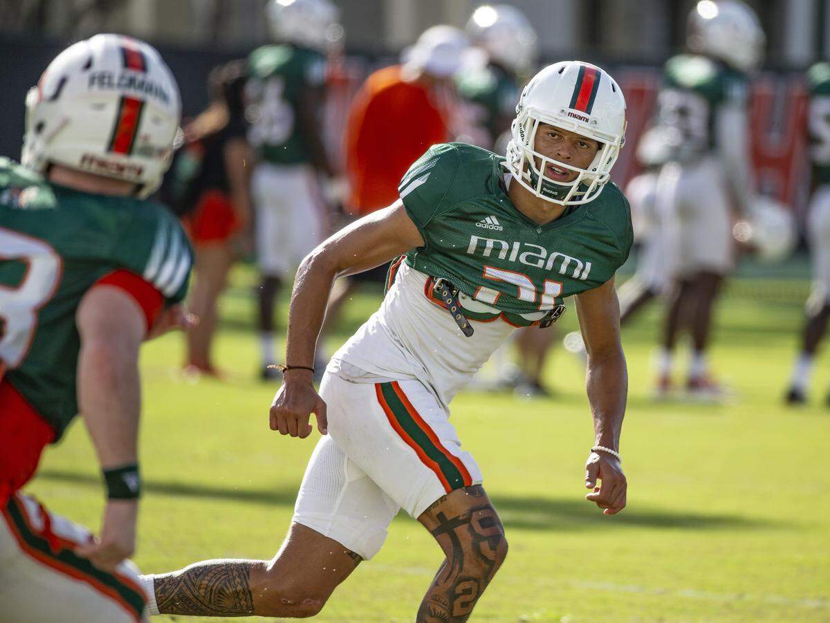 Miami Hurricanes safety Bubba Bolden (21) looks on during practice at the University of Miami Greentree Practice Field in Coral Gables on Tuesday, October 29, 2019. 