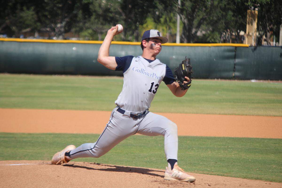 Gulliver Prep’s Luca Mendez pitched six innings for the Raiders during a 2-0 win over Calvary Christian in the Region 4-3A final in Fort Lauderdale on Tuesday afternoon.
