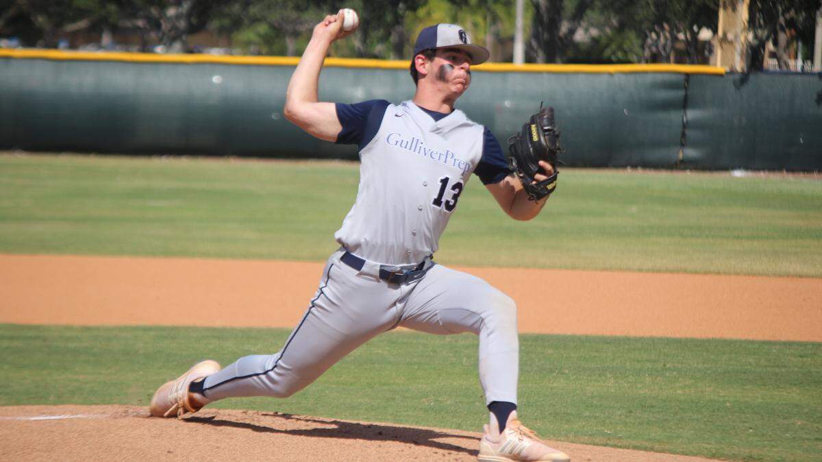 Gulliver Prep’s Luca Mendez pitched six innings for the Raiders during a 2-0 win over Calvary Christian in the Region 4-3A final in Fort Lauderdale on Tuesday afternoon.