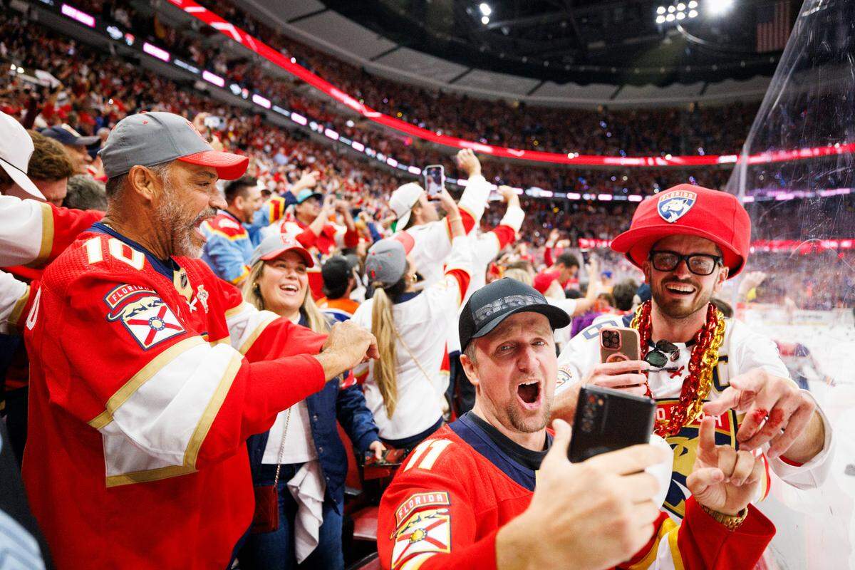 Fans cheer after the Florida Panthers won Game 7 of the NHL Stanley Cup Final against the Edmonton Oilers at the Amerant Bank Arena on Monday, June 24, 2024 in Sunrise, Fla.
