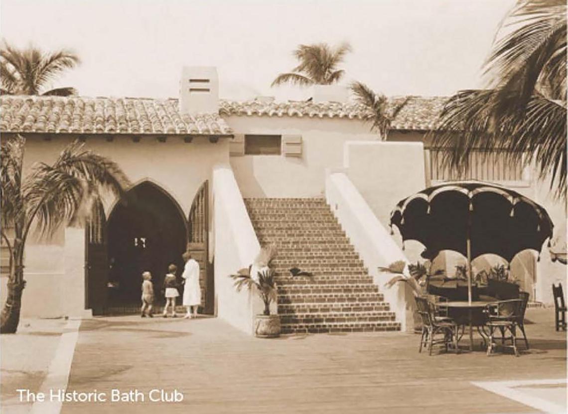 A historic view of the pool deck and rear of the Bath Club in Miami Beach.