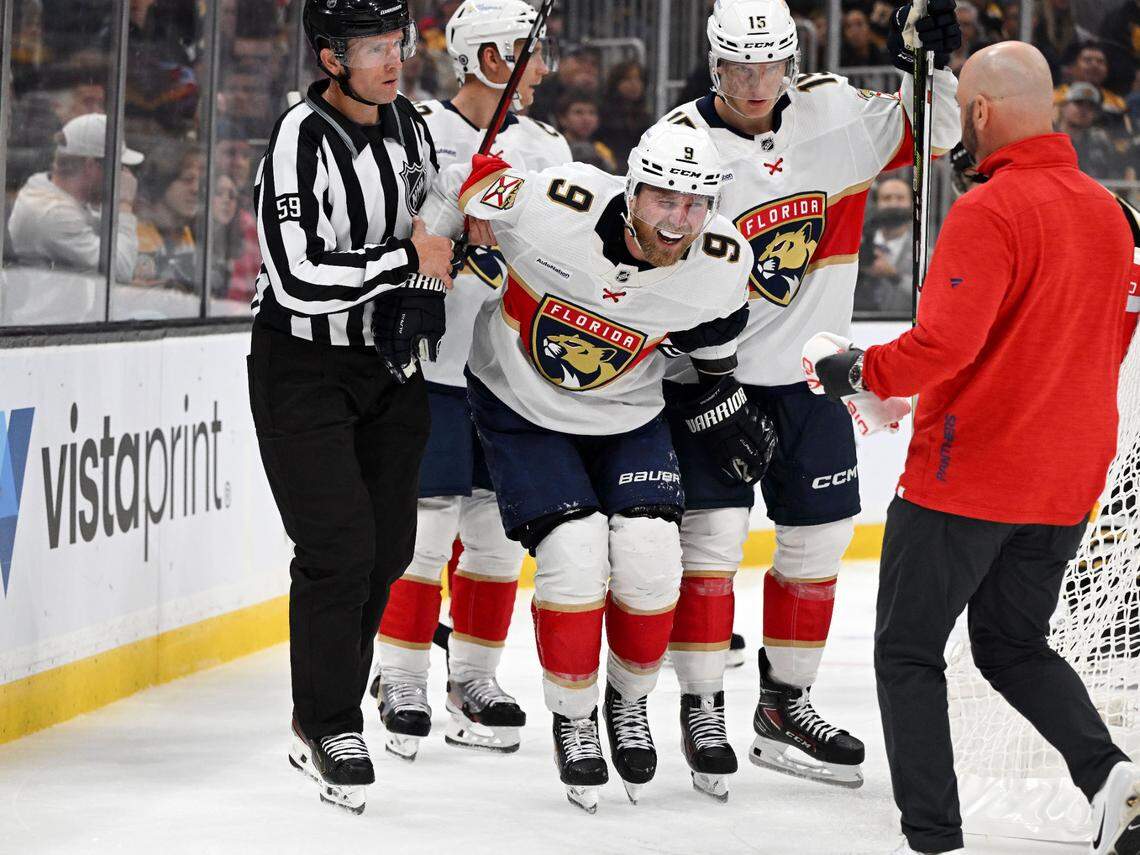 Oct 30, 2023; Boston, Massachusetts, USA; Florida Panthers center Sam Bennett (9) is helped off of the ice during the second period of a game against the Boston Bruins at the TD Garden.