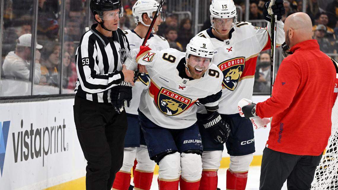 Oct 30, 2023; Boston, Massachusetts, USA; Florida Panthers center Sam Bennett (9) is helped off of the ice during the second period of a game against the Boston Bruins at the TD Garden.