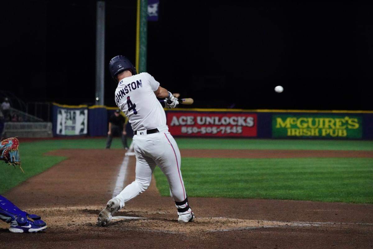 Miami Marlins prospect Troy Johnston hits a home run for the Double A Pensacola Blue Wahoos.