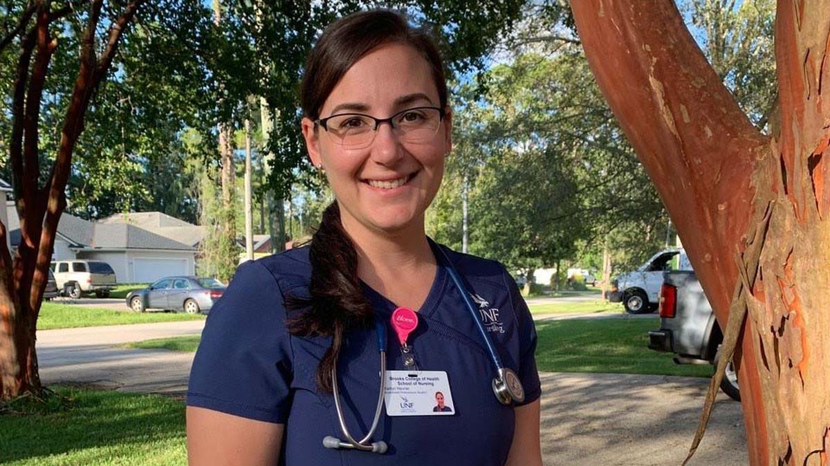 Kaitlyn Hevner, a nursing student at the University of North Florida, has opted not to get vaccinated against COVID-19 even though many medical facilities are requiring it. She questions whether “we give up our own religious rights and our own self-determination just because we work in a healthcare setting.”