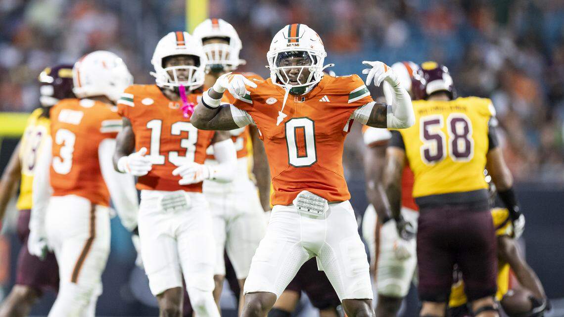 Miami Hurricanes defensive back Keionte Scott (0) celebrates after a play against Bethune-Cookman Wildcats in the first half of their NCAA football game at Hard Rock Stadium on Saturday, Sept. 6, 2025, in Miami Gardens, Fla.