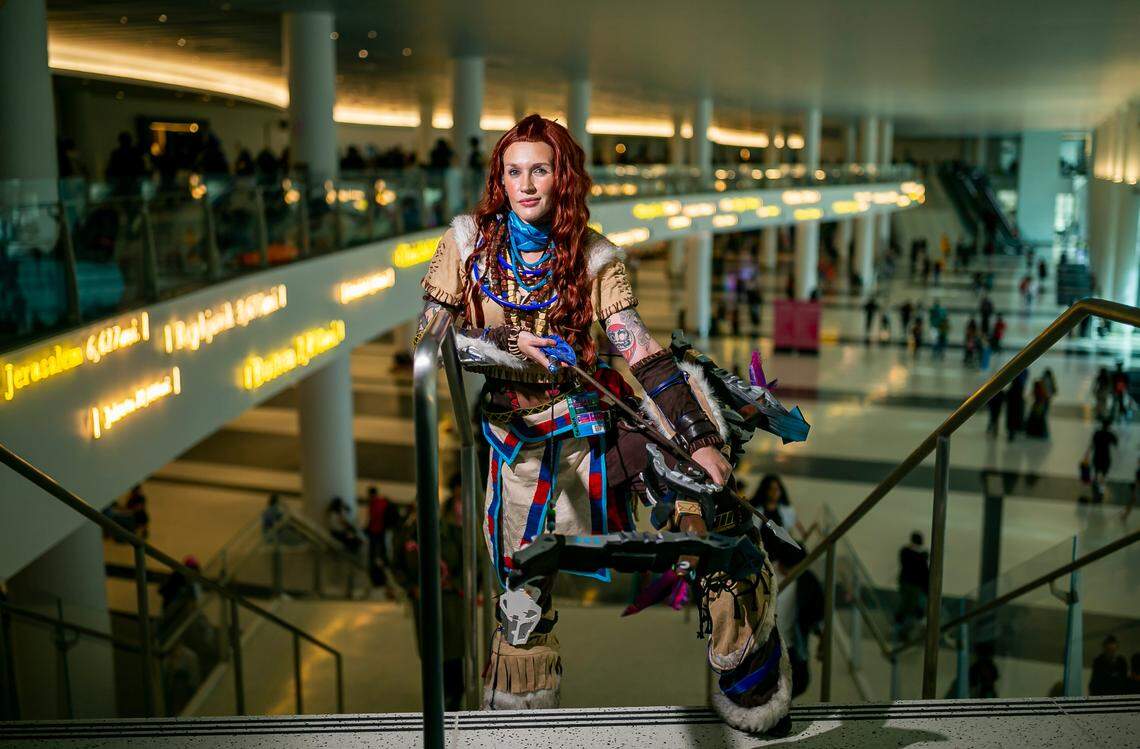 Briana O’Dowd cosplays as Aloy from the video game ‘Horizon Zero Dawn’ during Florida Supercon at the Miami Beach Convention Center.