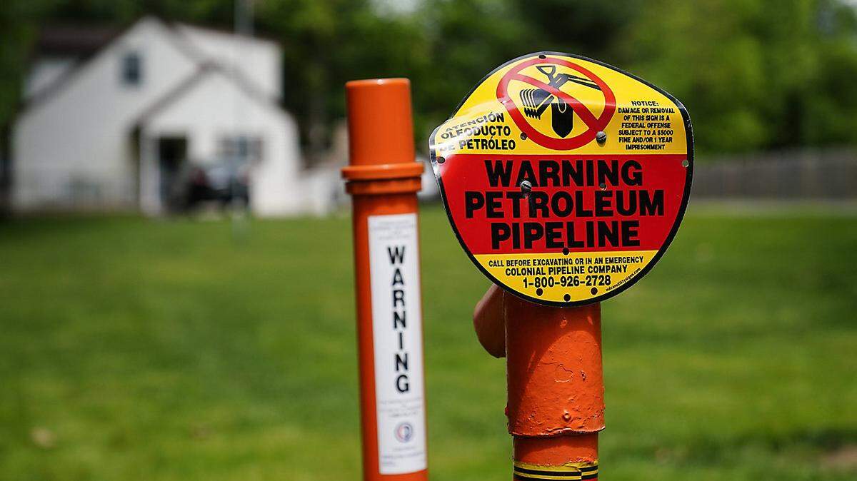 A warning sign posted along the path of the Colonial Pipeline in Garnet Valley, Pennsylvania.