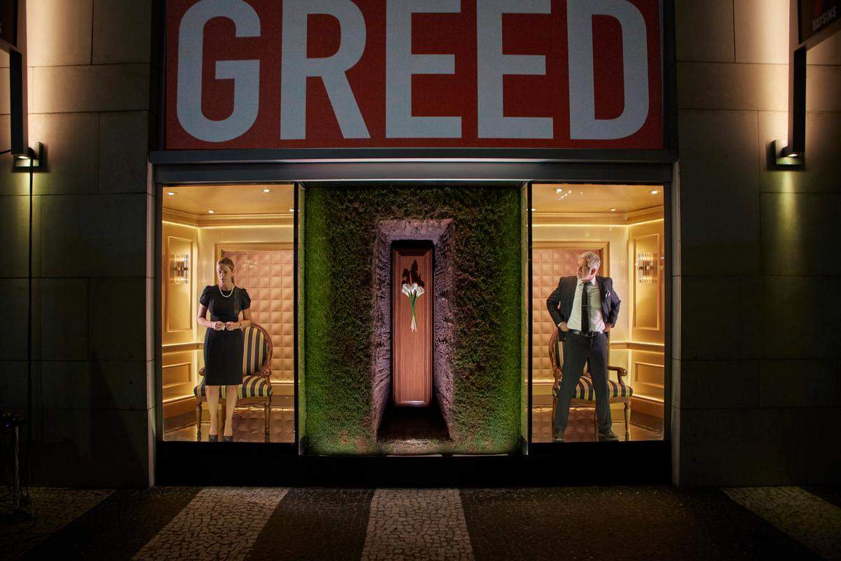 Mia Matthews and Gerald McCullouch in the Greed installation of ‘Seven Deadly Sins,’ Miami New Drama’s award-winning COVID production.