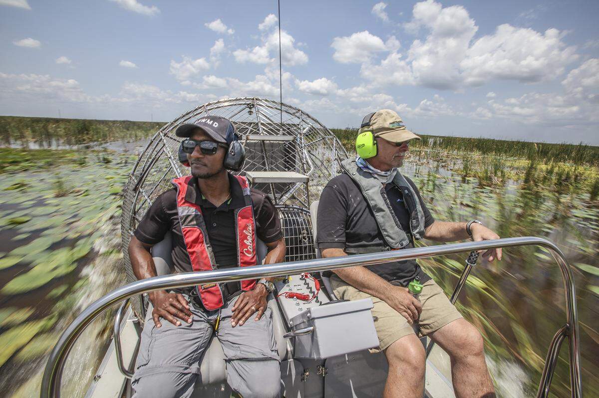 South Bay: South Florida Water Management District Senior Scientists Tadese Adeagbo and Eric Crawford head out in their airboat into the Stormwater Treatment Area 1 West to check out their work in vegetation management.