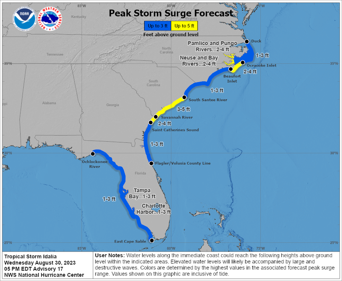 Tropical Storm Idalia could bring storm surge of up to 5 feet in some parts of South Carolina, as of the National Hurricane Center’s 5 p.m. advisory Wednesday.