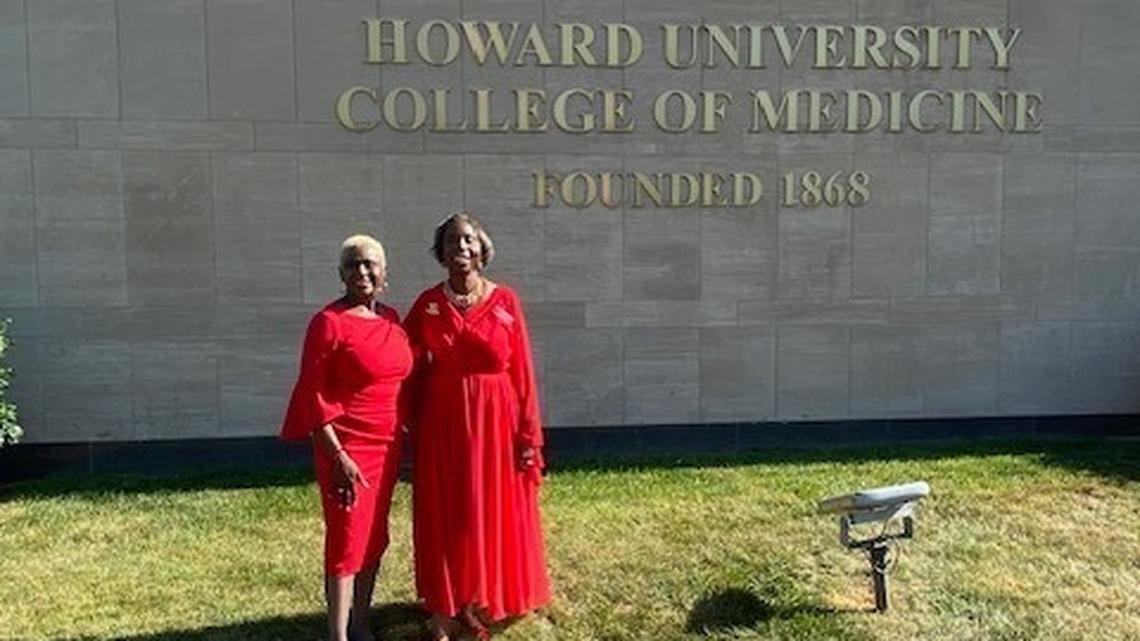 From left: Dr. Wanza Sermons-Lee, national vice president, The Charmettes, and Cecily Robinson-Duffie, a Miami-area attorney who is national president of The Charmettes, in front of Howard University’s medical school in Washington. The organization recently donated $1.05 million to Howard’s Cancer Center to help fund research on Blacks and cancer.