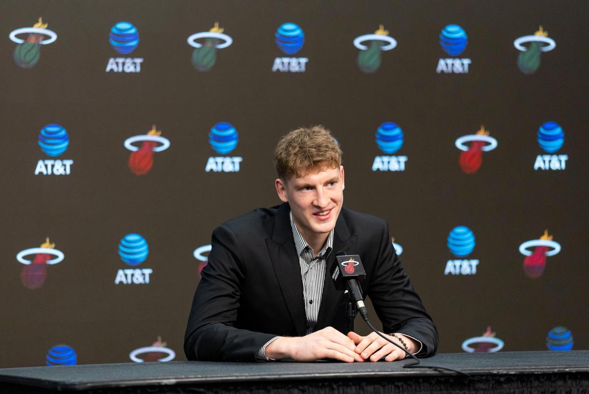 Miami Heat first-round pick Kasparas Jakucionis speaks during his introductory press conference at Kaseya Center on June 27, 2025, in Miami.