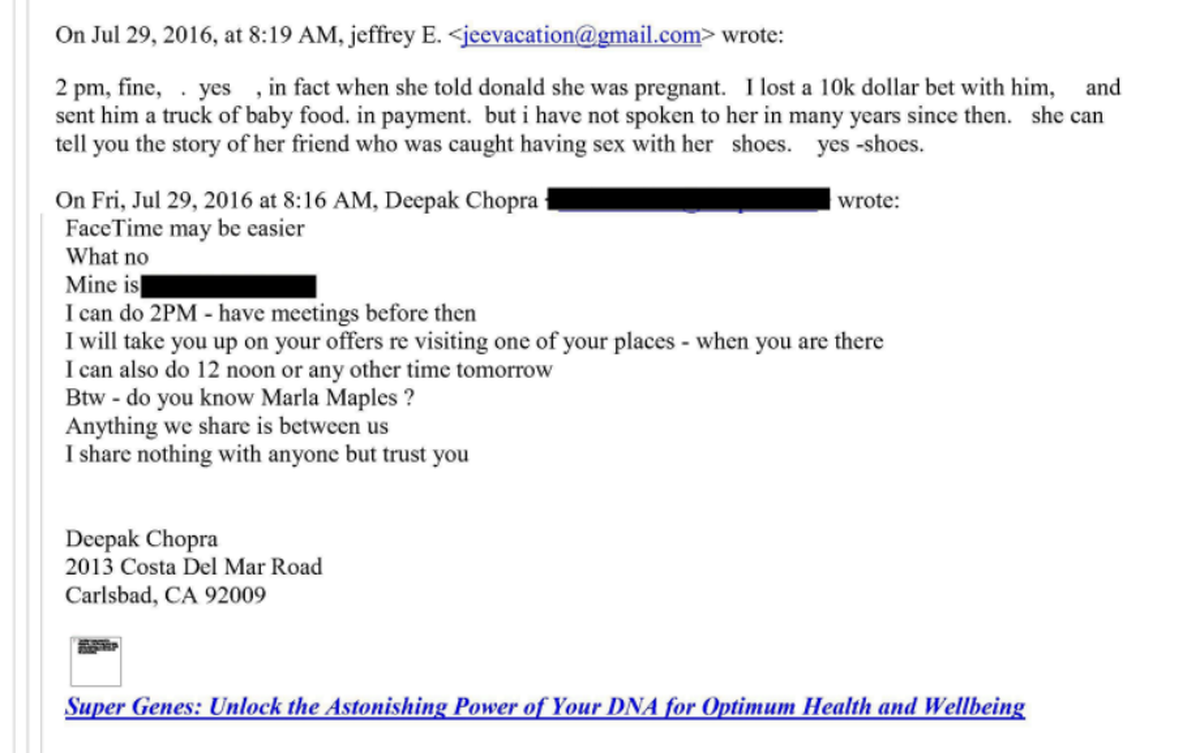 Email exchange between Jeffrey Epstein and Deepak Chopra released by the House Oversight Committee Wednesday.